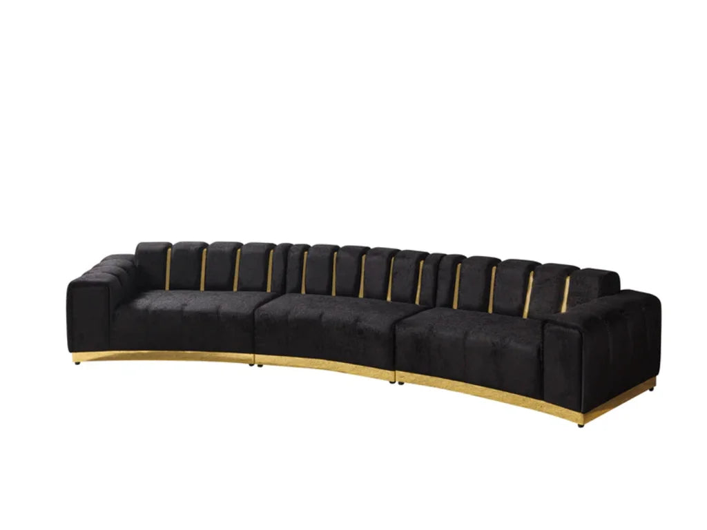 Black Velvet Curved Three Piece Sectional With Toss Pillows HomeRoots