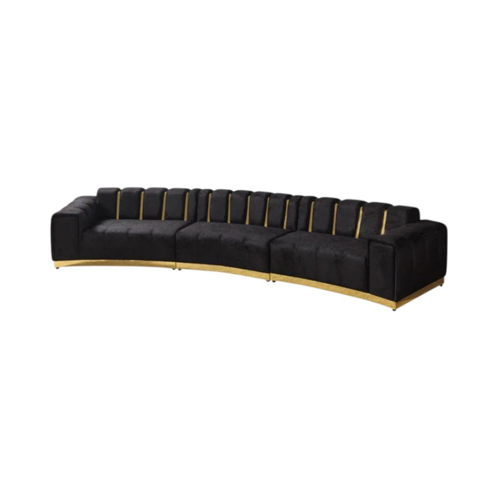 Black Velvet Curved Three Piece Sectional With Toss Pillows HomeRoots