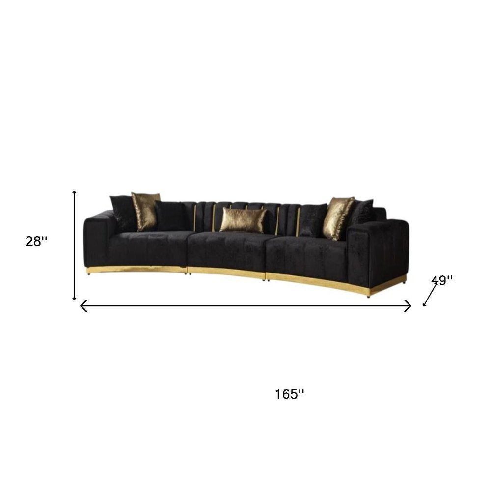 Black Velvet Curved Three Piece Sectional With Toss Pillows HomeRoots