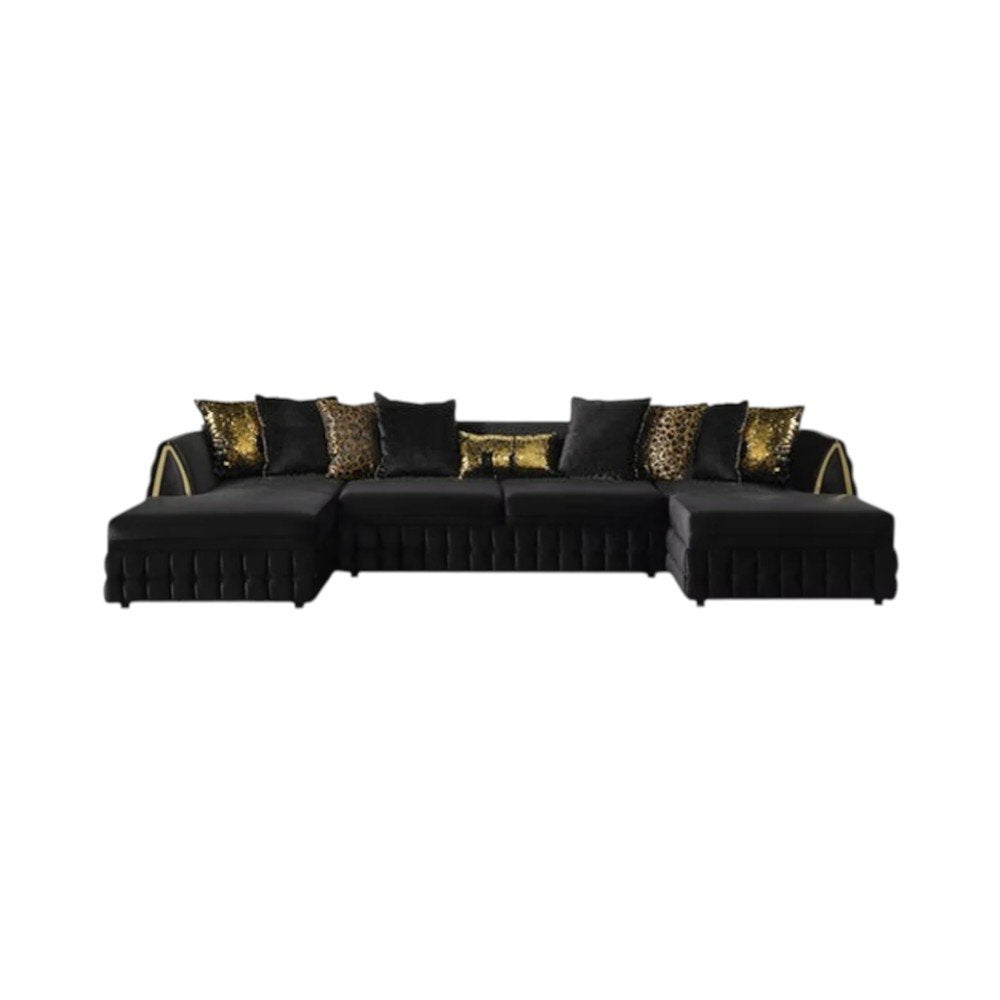 Black Velvet U Shaped Sofa and Chaise Sectional With Toss Pillows HomeRoots