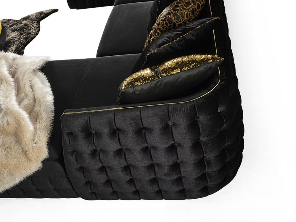 Black Velvet U Shaped Sofa and Chaise Sectional With Toss Pillows HomeRoots