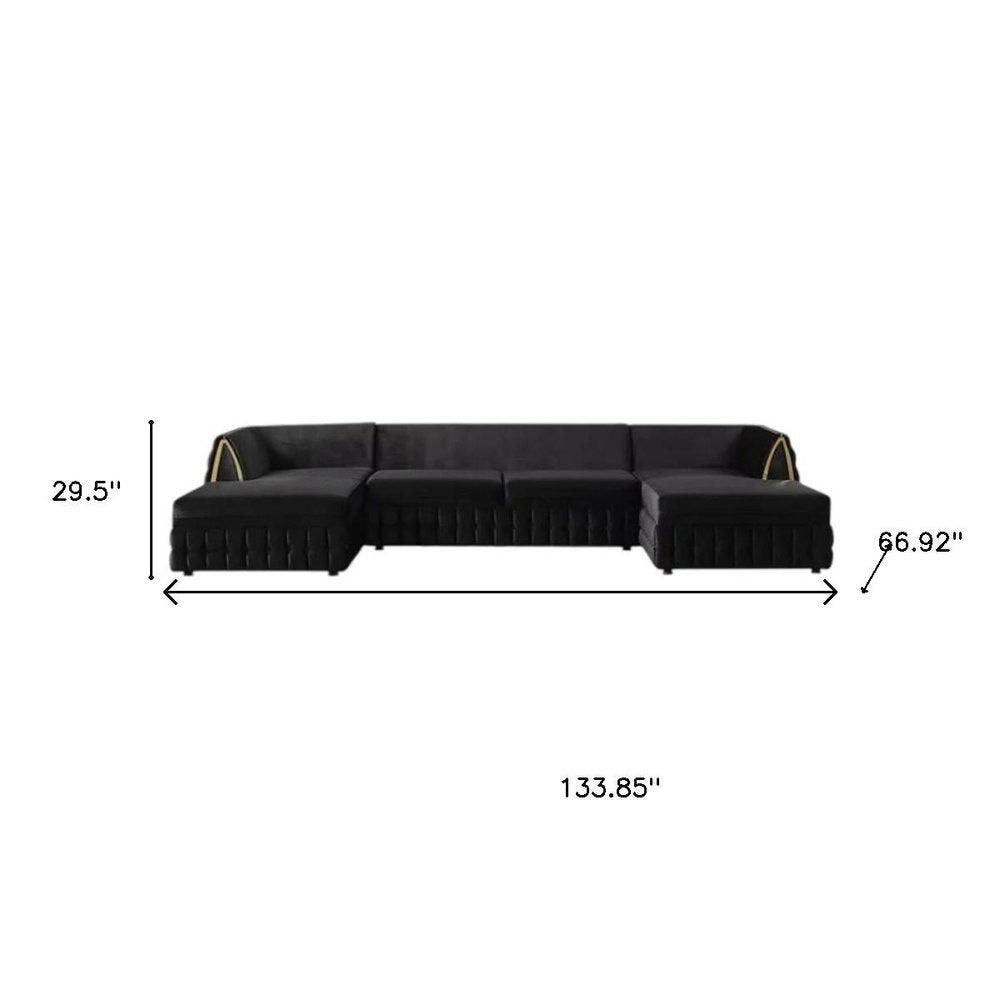 Black Velvet U Shaped Sofa and Chaise Sectional With Toss Pillows HomeRoots