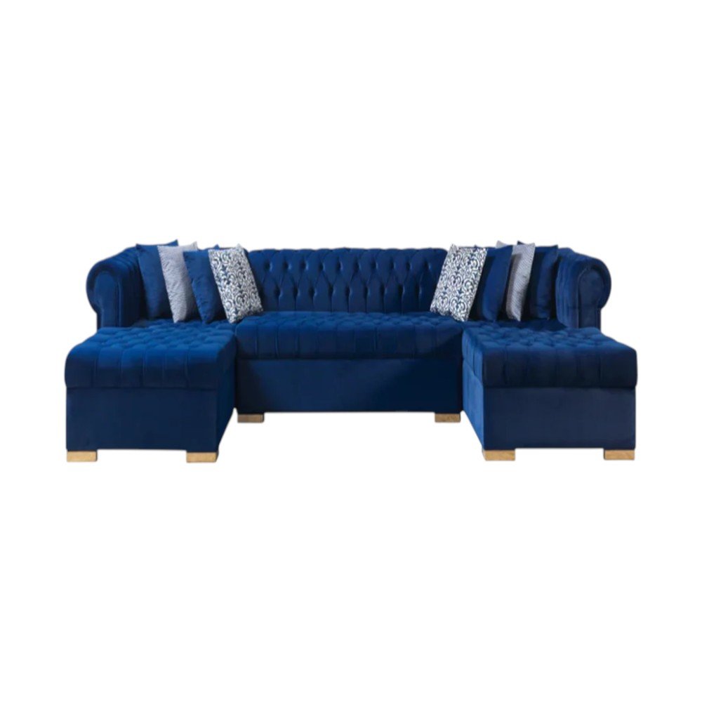 Blue Velvet U Shaped Three Piece Sofa and Chaise Sectional With Toss Pillows HomeRoots