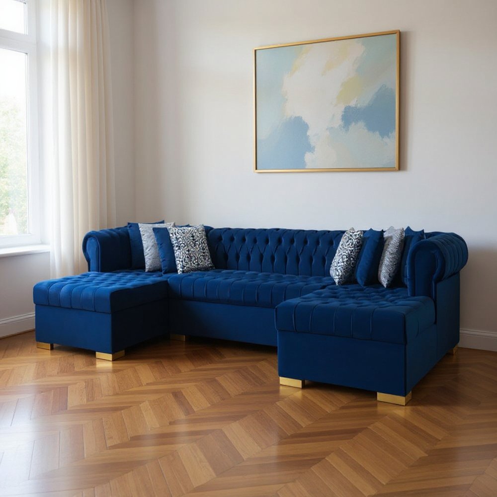 Blue Velvet U Shaped Three Piece Sofa and Chaise Sectional With Toss Pillows HomeRoots