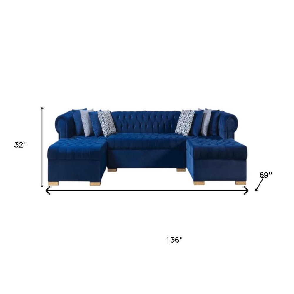 Blue Velvet U Shaped Three Piece Sofa and Chaise Sectional With Toss Pillows HomeRoots