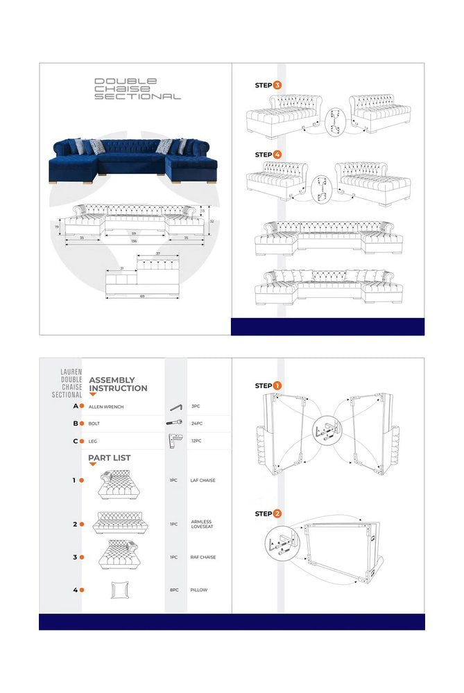 Blue Velvet U Shaped Three Piece Sofa and Chaise Sectional With Toss Pillows HomeRoots