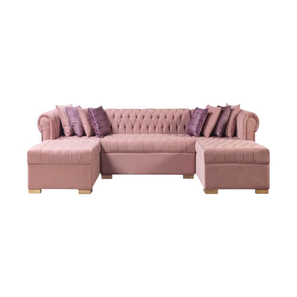 Pink Velvet U Shaped Three Piece Sofa and Chaise Sectional With Toss Pillows HomeRoots