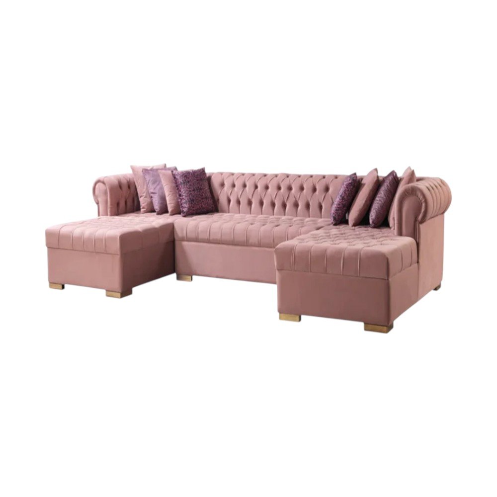 Pink Velvet U Shaped Three Piece Sofa and Chaise Sectional With Toss Pillows HomeRoots