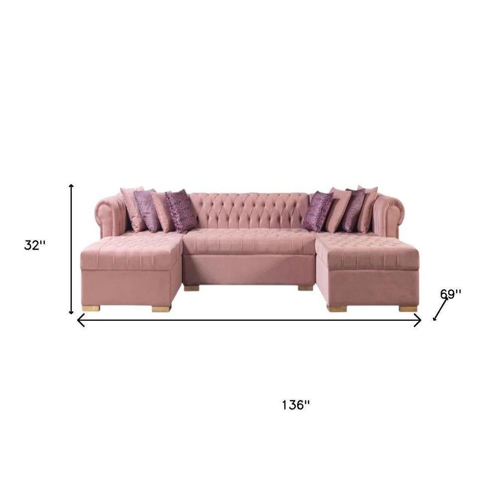 Pink Velvet U Shaped Three Piece Sofa and Chaise Sectional With Toss Pillows HomeRoots