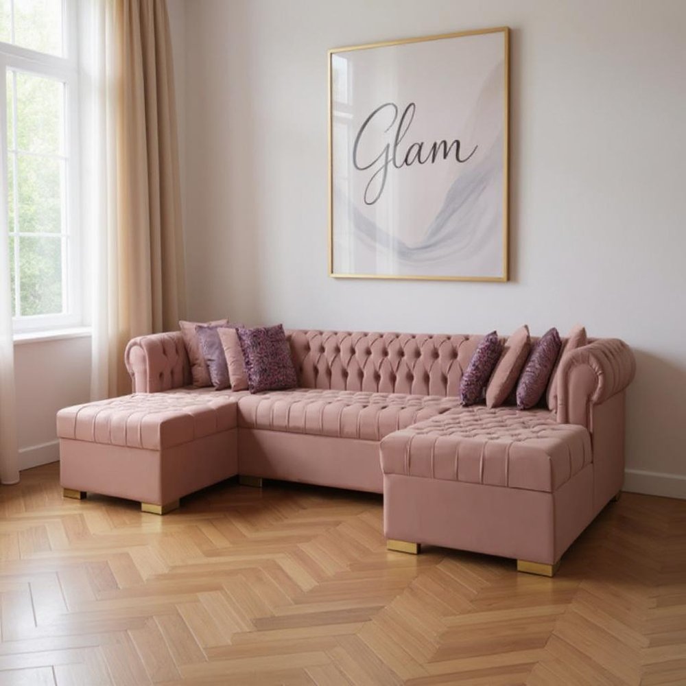Pink Velvet U Shaped Three Piece Sofa and Chaise Sectional With Toss Pillows HomeRoots