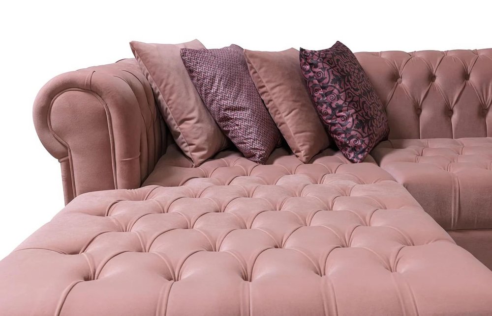 Pink Velvet U Shaped Three Piece Sofa and Chaise Sectional With Toss Pillows HomeRoots