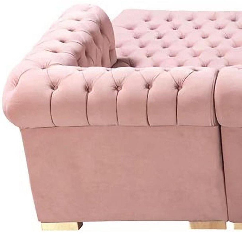 Pink Velvet U Shaped Three Piece Sofa and Chaise Sectional With Toss Pillows HomeRoots