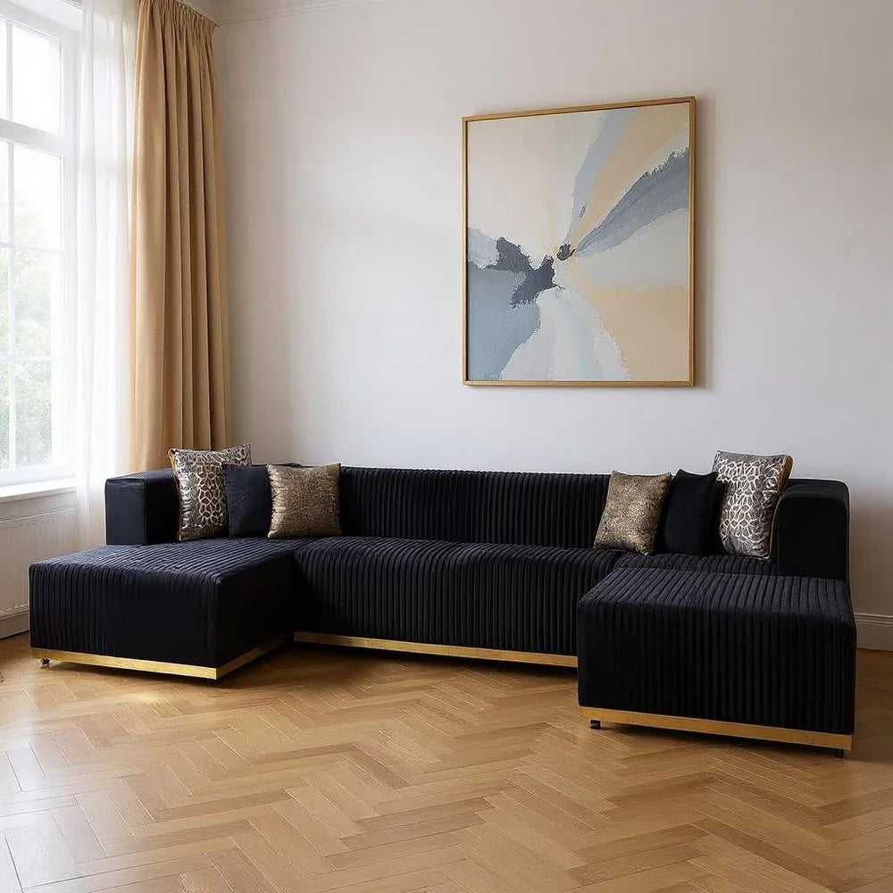 Black Velvet Modular U Shaped Four Piece Sofa and Chaise Sectional With Toss Pillows - Fluent Trends