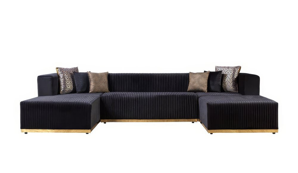 Black Velvet Modular U Shaped Four Piece Sofa and Chaise Sectional With Toss Pillows HomeRoots