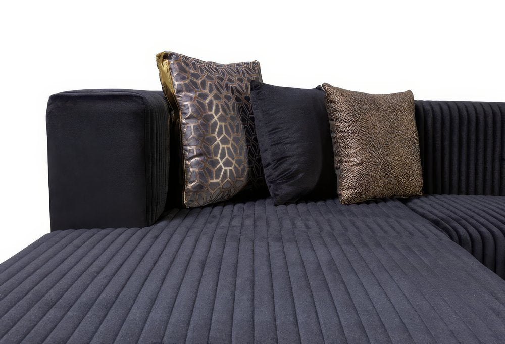 Black Velvet Modular U Shaped Four Piece Sofa and Chaise Sectional With Toss Pillows HomeRoots