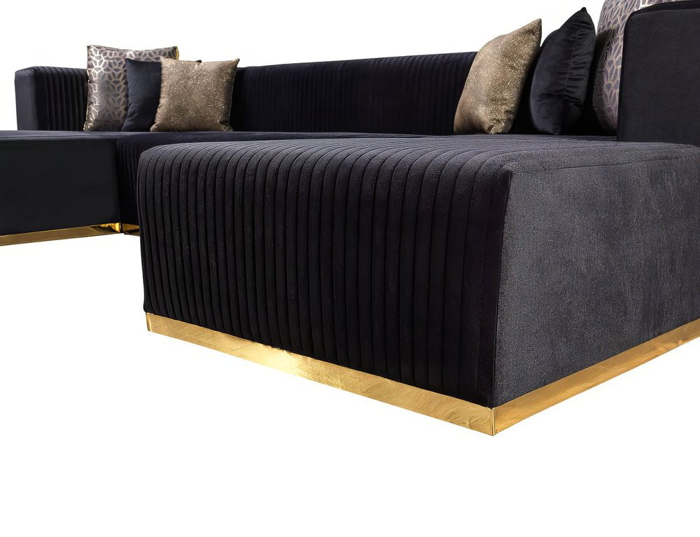 Black Velvet Modular U Shaped Four Piece Sofa and Chaise Sectional With Toss Pillows HomeRoots