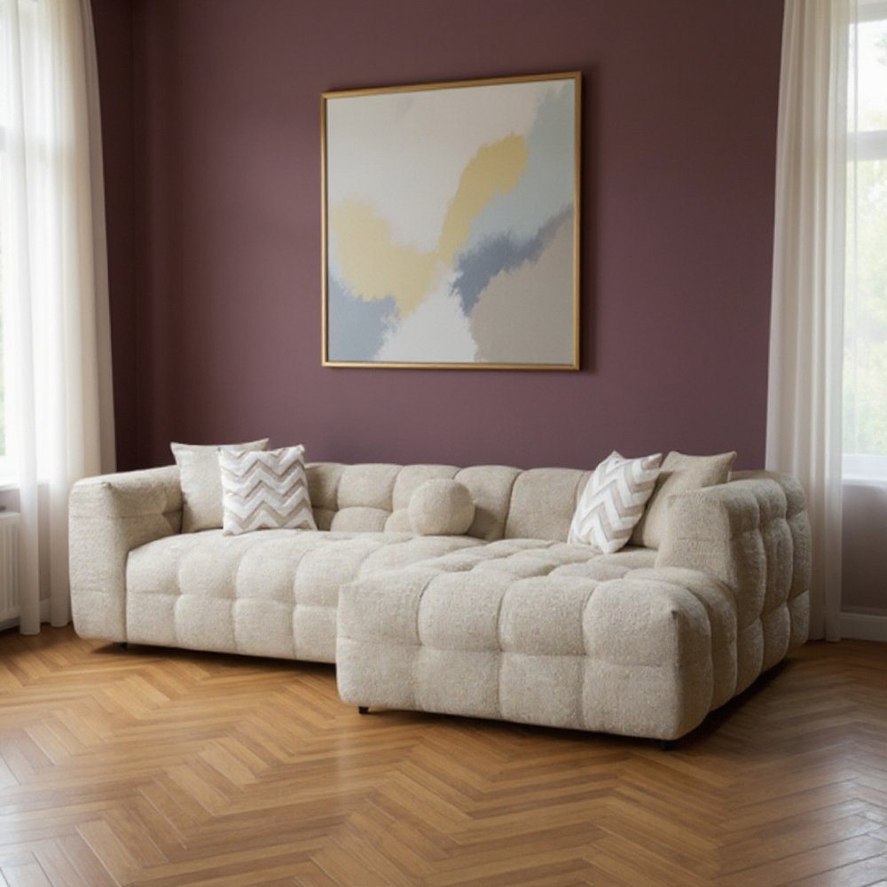 Ivory Boucle L Shaped Two Piece Sofa and Chaise Sectional With Toss Pillows HomeRoots