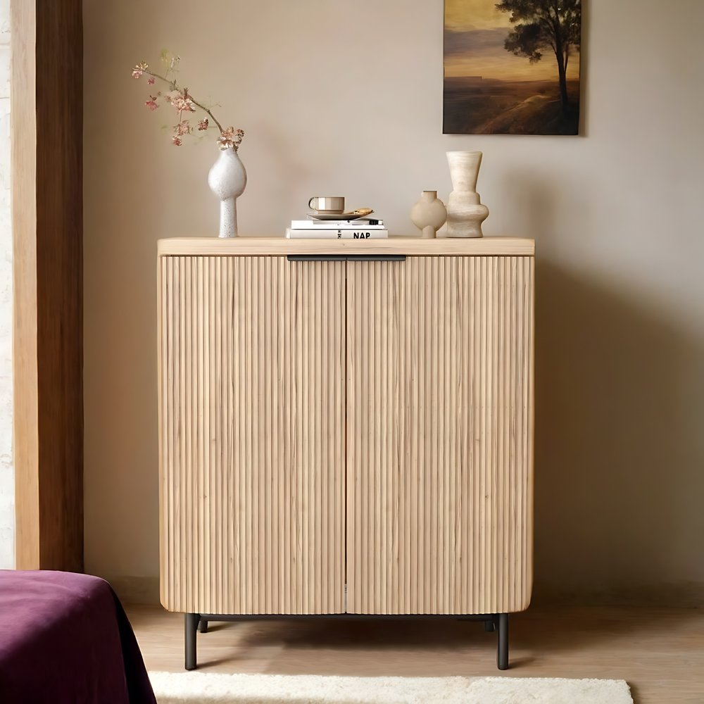 35" Oak Wood Textured Door Accent Cabinet With Two Doors HomeRoots