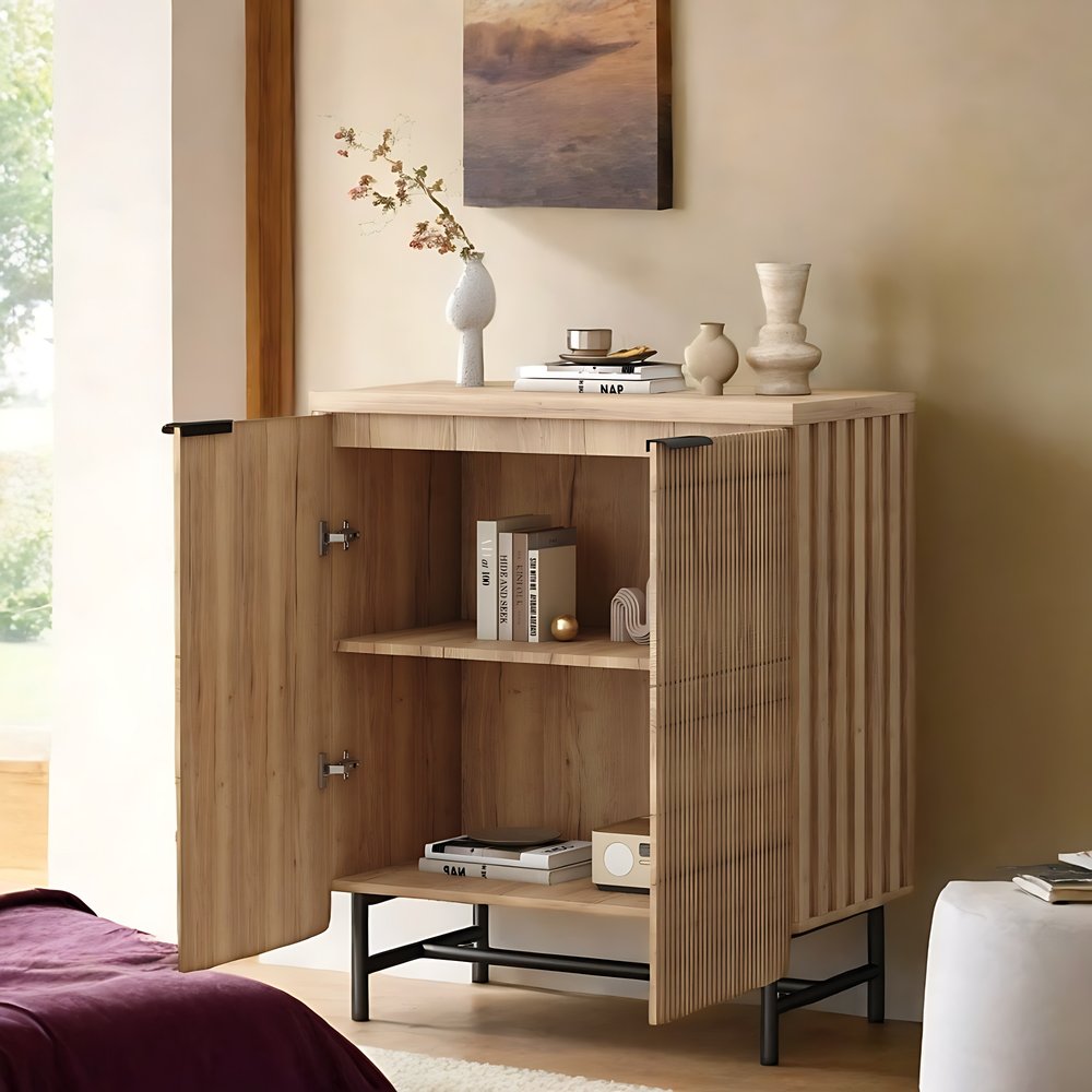 35" Oak Wood Textured Door Accent Cabinet With Two Doors HomeRoots
