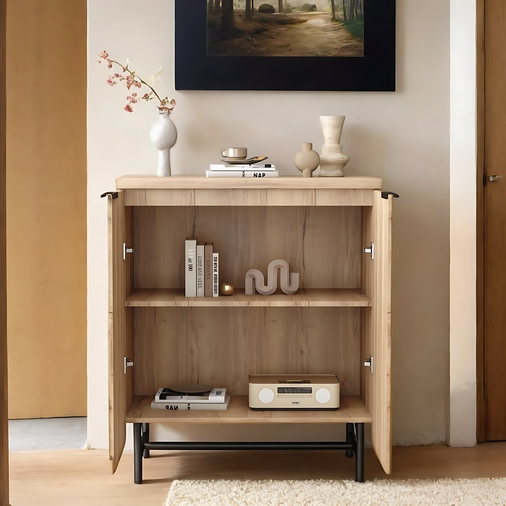 35" Oak Wood Textured Door Accent Cabinet With Two Doors HomeRoots