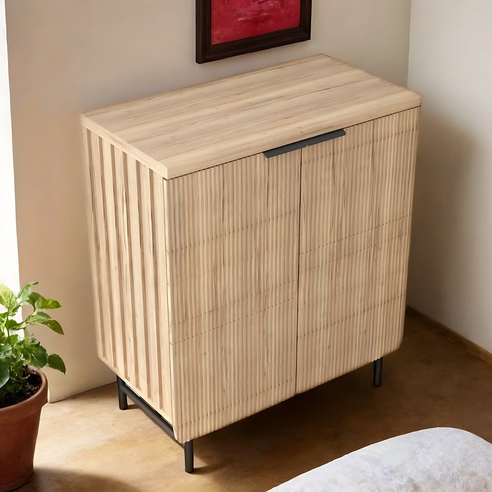 35" Oak Wood Textured Door Accent Cabinet With Two Doors HomeRoots