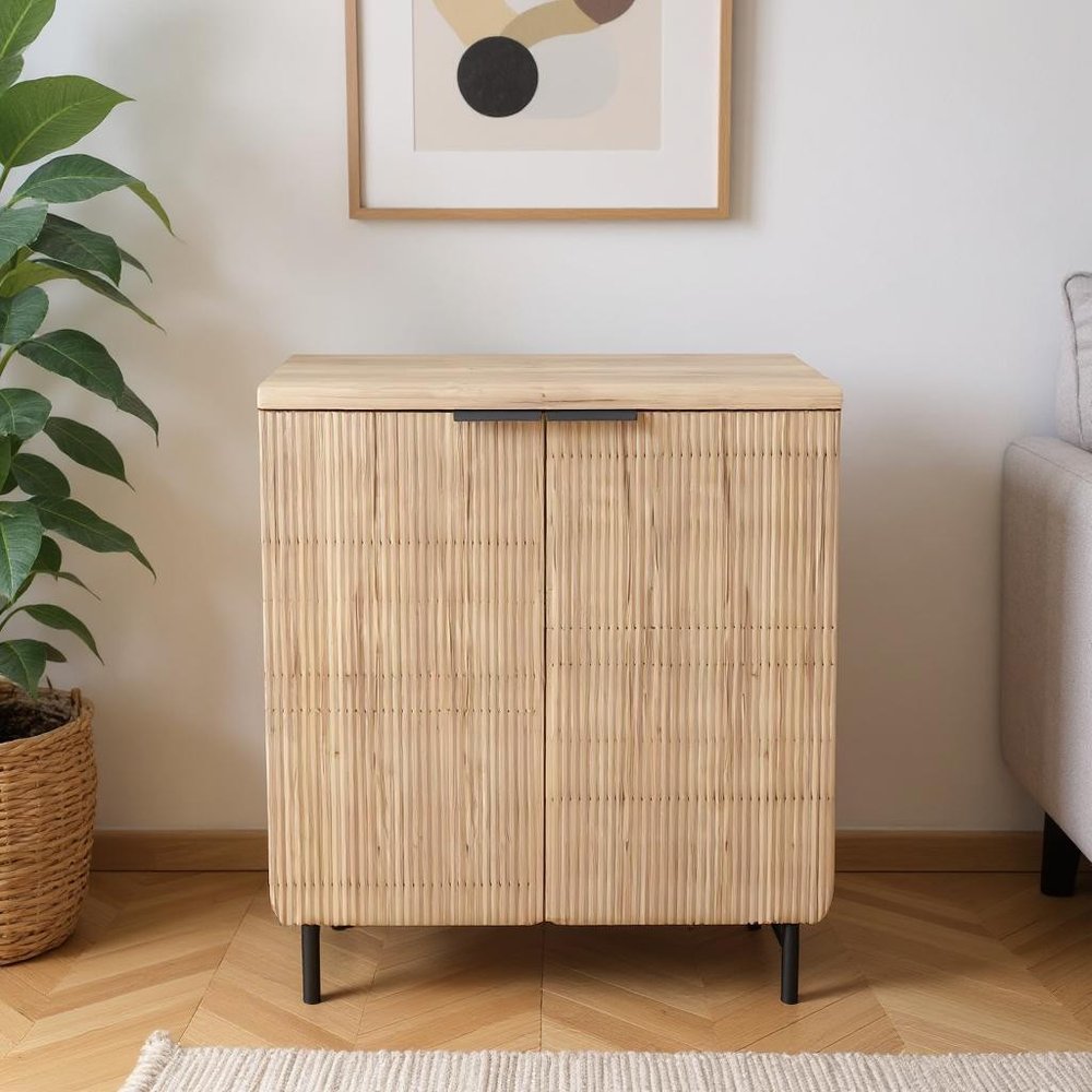 35" Oak Wood Textured Door Accent Cabinet With Two Doors