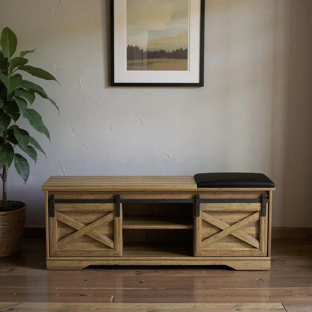 47" Black and Natural Faux Leather And Wood Bench With Shoe Storage And Shelves - Fluent Trends