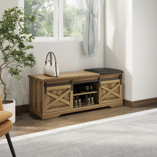 47" Black and Natural Faux Leather And Wood Bench With Shoe Storage And Shelves - Fluent Trends