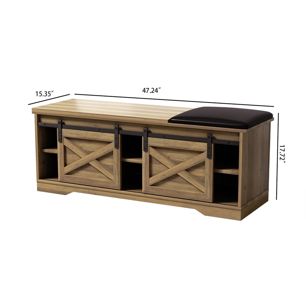 47" Black and Natural Faux Leather And Wood Bench With Shoe Storage And Shelves - Fluent Trends