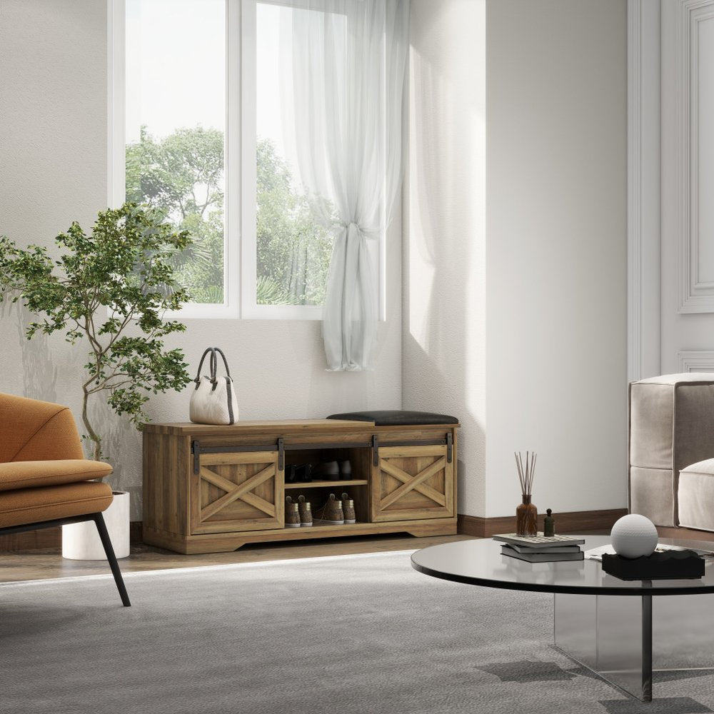 47" Black and Natural Faux Leather And Wood Bench With Shoe Storage And Shelves - Fluent Trends