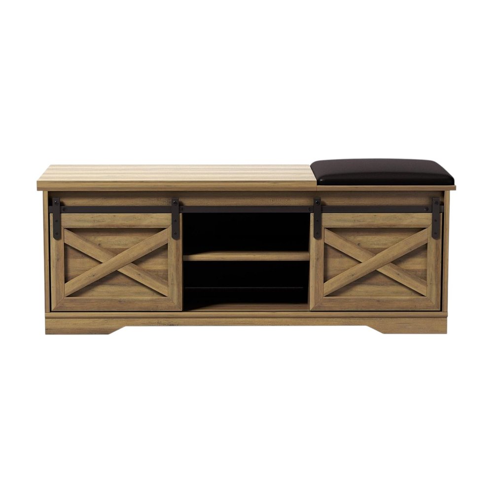 47" Black and Natural Faux Leather And Wood Bench With Shoe Storage And Shelves - Fluent Trends