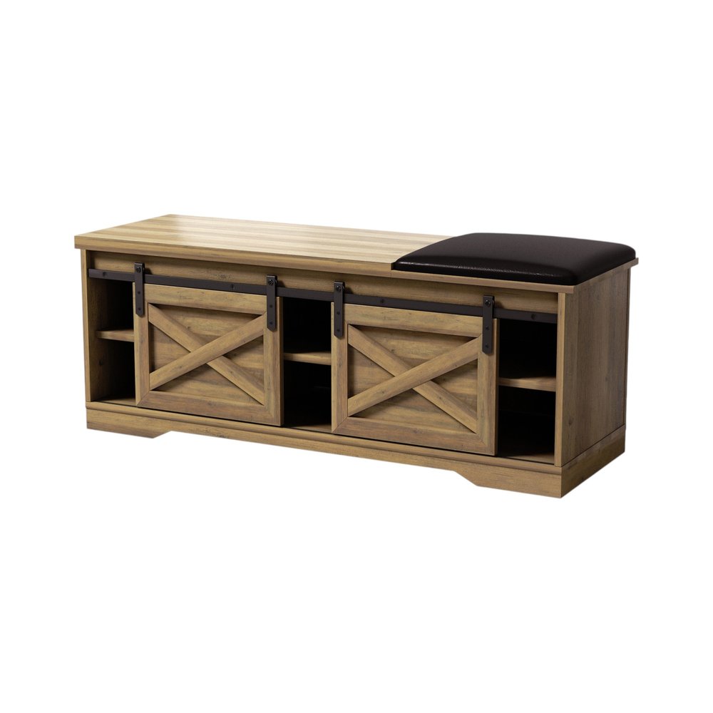 47" Black and Natural Faux Leather And Wood Bench With Shoe Storage And Shelves - Fluent Trends