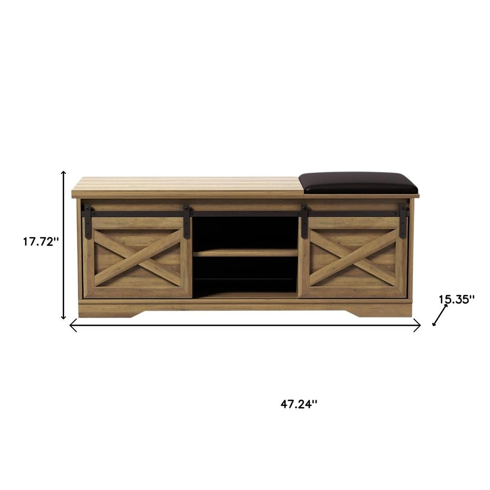 47" Black and Natural Faux Leather And Wood Bench With Shoe Storage And Shelves - Fluent Trends
