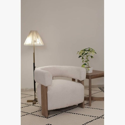 31" White and Brown Boucle and Solid Wood Arm Chair - Fluent Trends