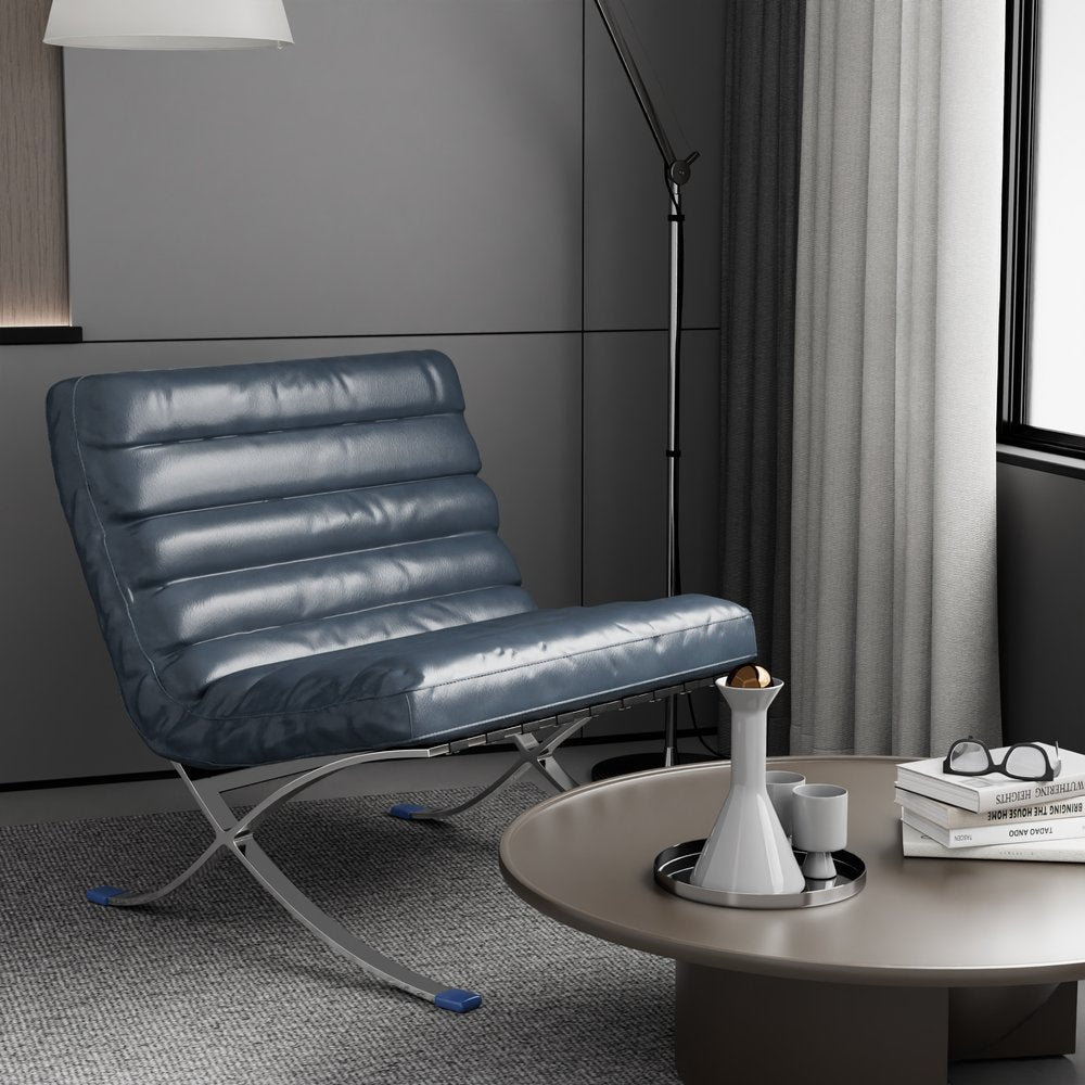 29" Blue and Silver Tufted Leather and Upholstered Folding Lounge Chair HomeRoots
