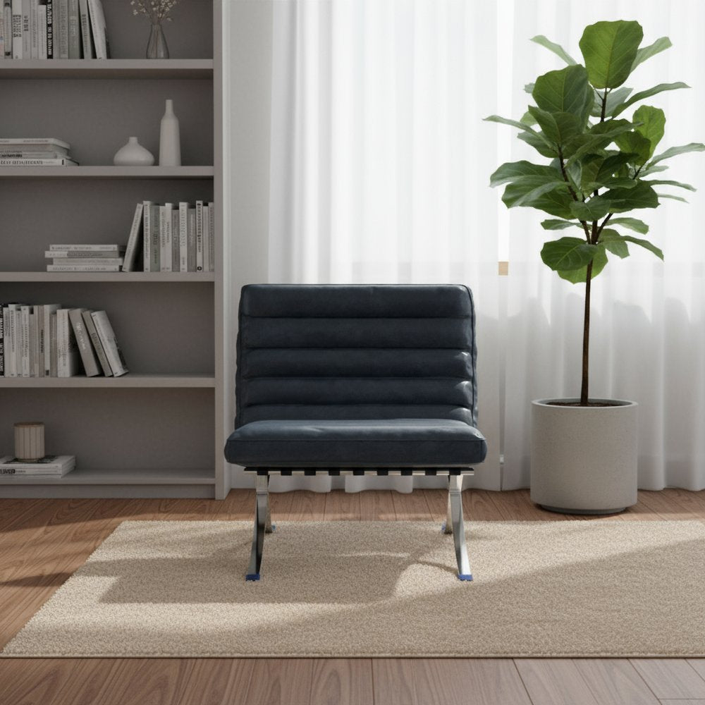 29" Blue and Silver Tufted Leather and Upholstered Folding Lounge Chair HomeRoots