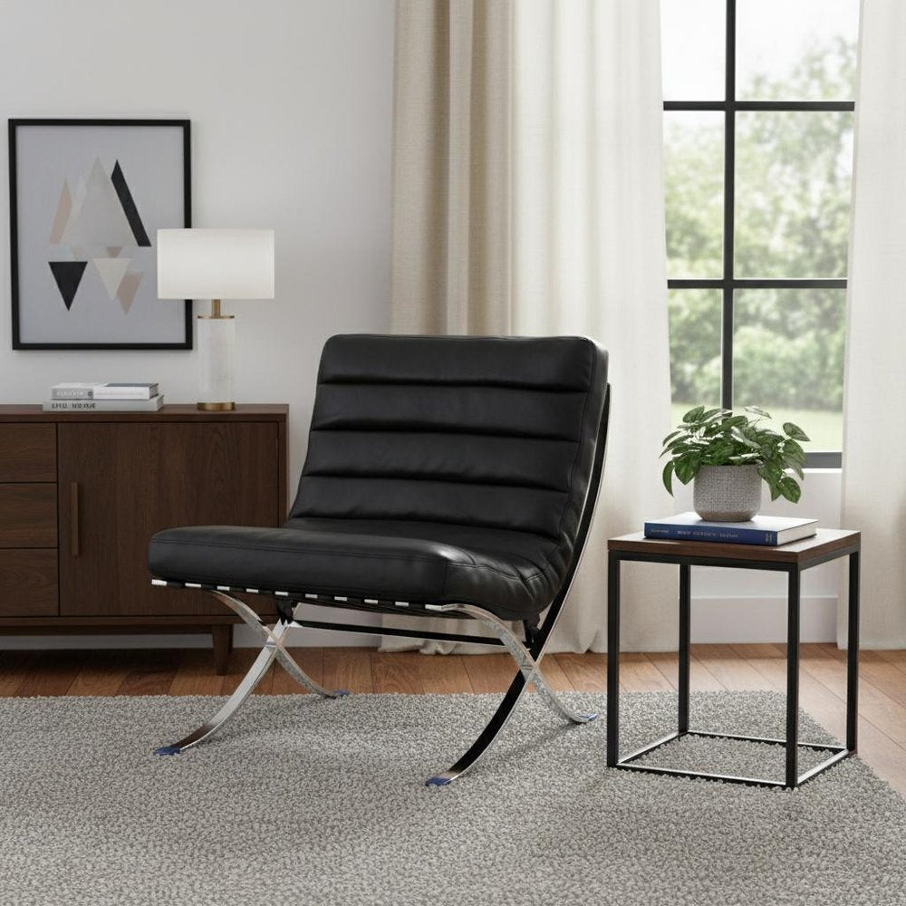 29" Black and Silver Tufted Leather and Upholstered Folding Lounge Chair