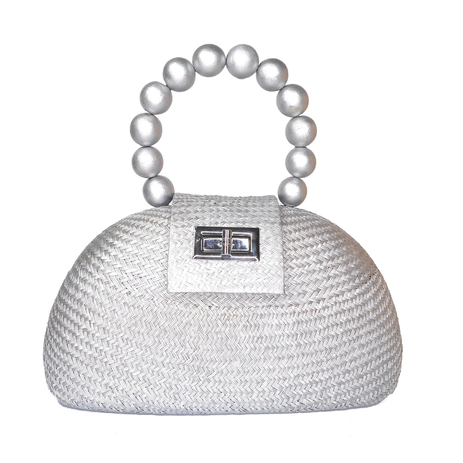 The Orla Silver Woven Straw & Wooden Bead Statement Clutch Bag - Fluent Trends
