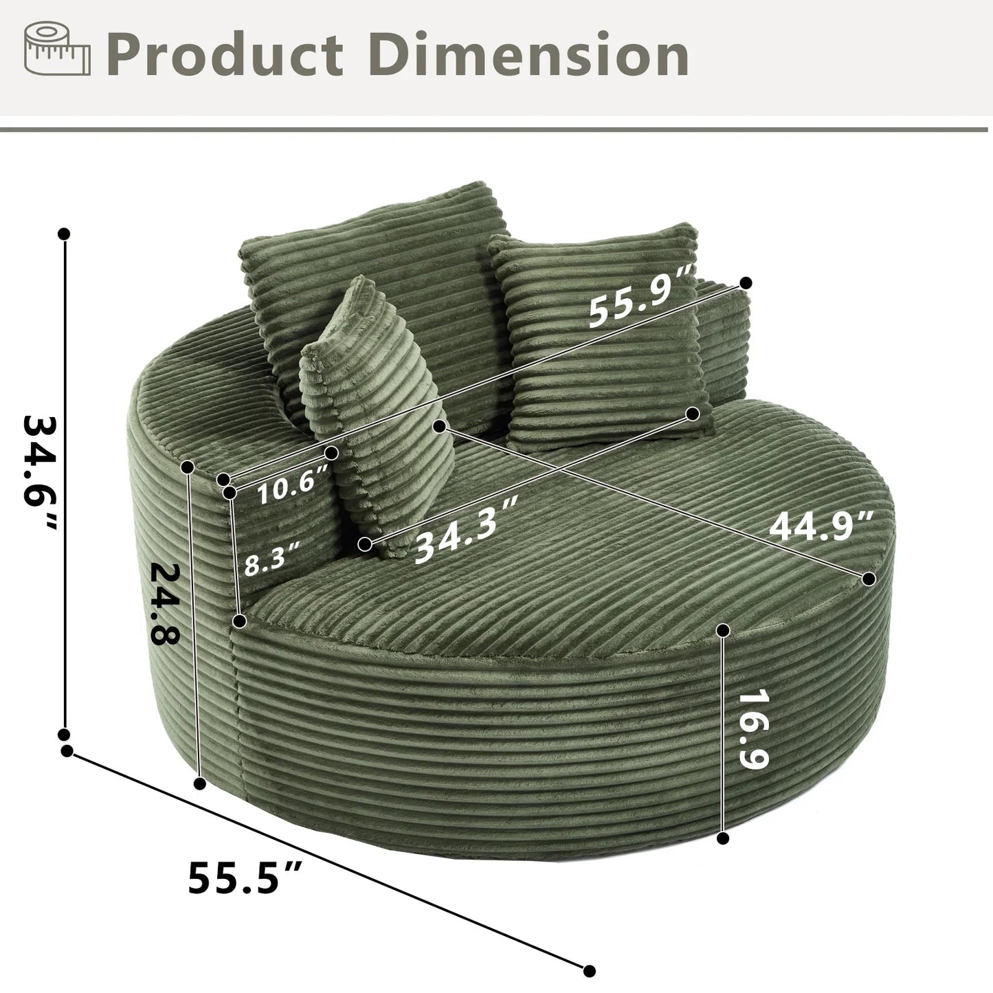 Round Sofa | Couch Bed with Memory Foam and Three Pillows | Green - Fluent Trends