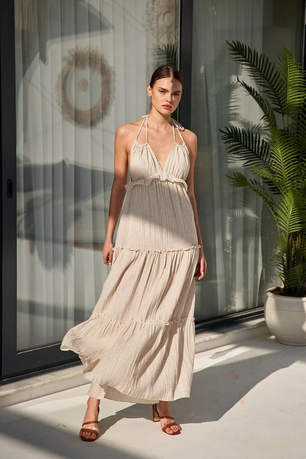 Neck Tie Ruffle Dress — Sand Stripe - Fluent Trends
