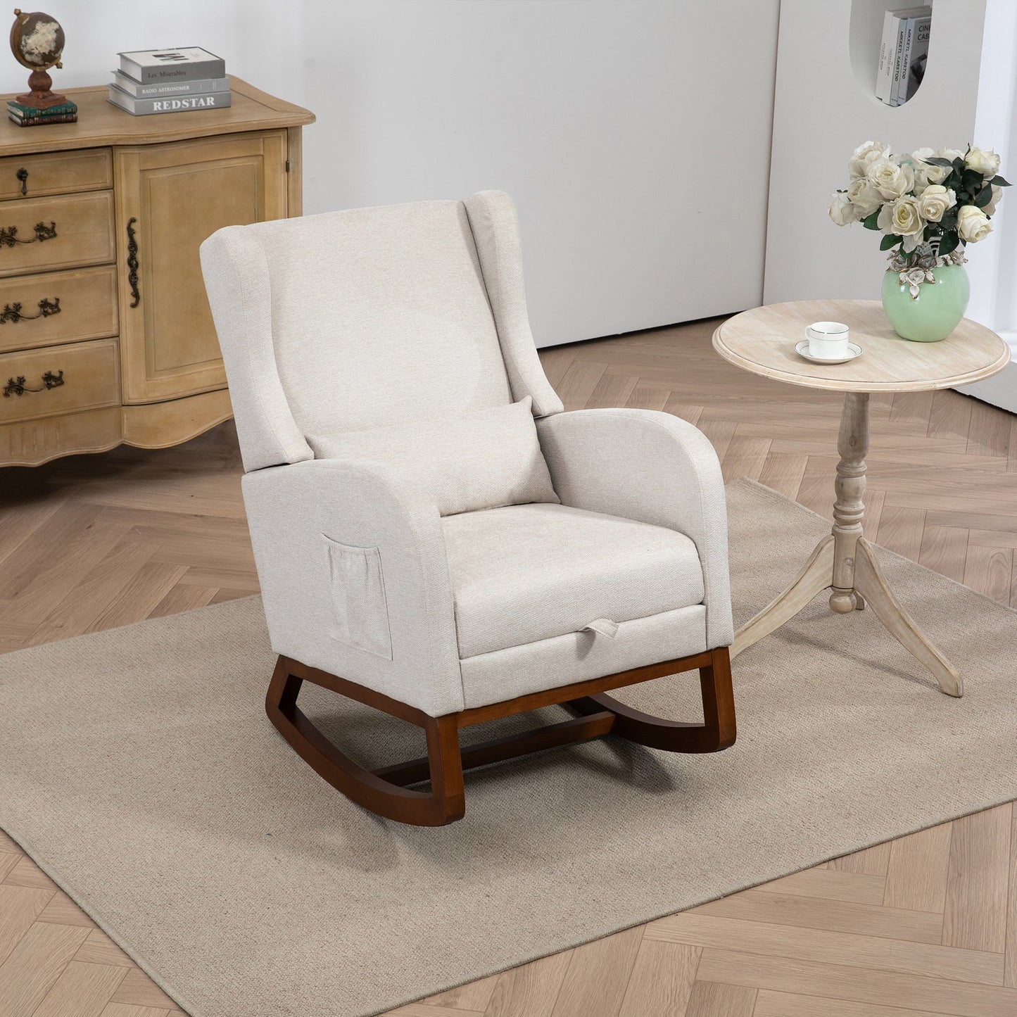 25.4'W Modern Rocking Chair for Nursery, Mid Century Accent Arm Rocker With Retractable Footrest, Side Pocket, Comfy Upholstered Wingback Wooden Glider Chair for Living Room Baby Kids Room. Beige Streamdale Furniture
