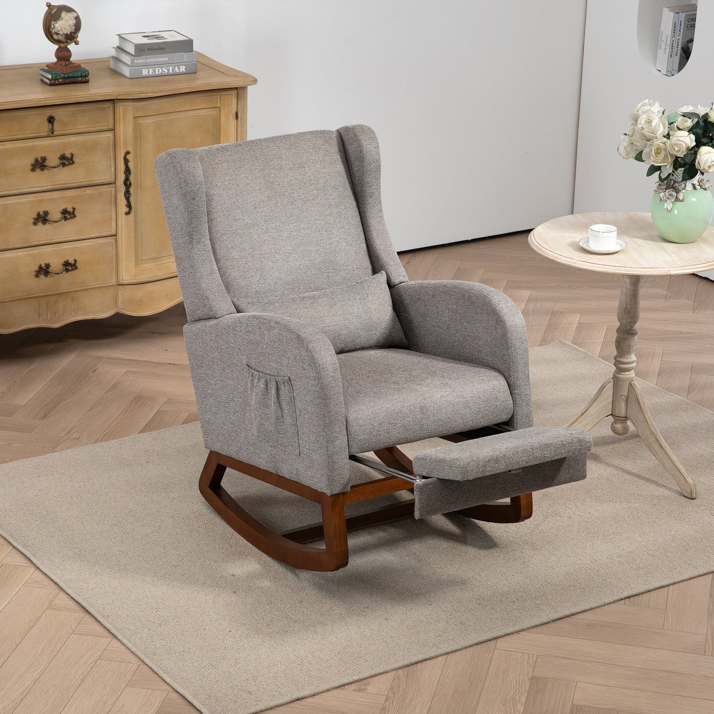 25.4'W Modern Rocking Chair for Nursery, Mid Century Accent Arm Rocker With Retractable Footrest, Side Pocket, Comfy Upholstered Wingback Wooden Glider Chair for Living Room Baby Kids Room. Taupe