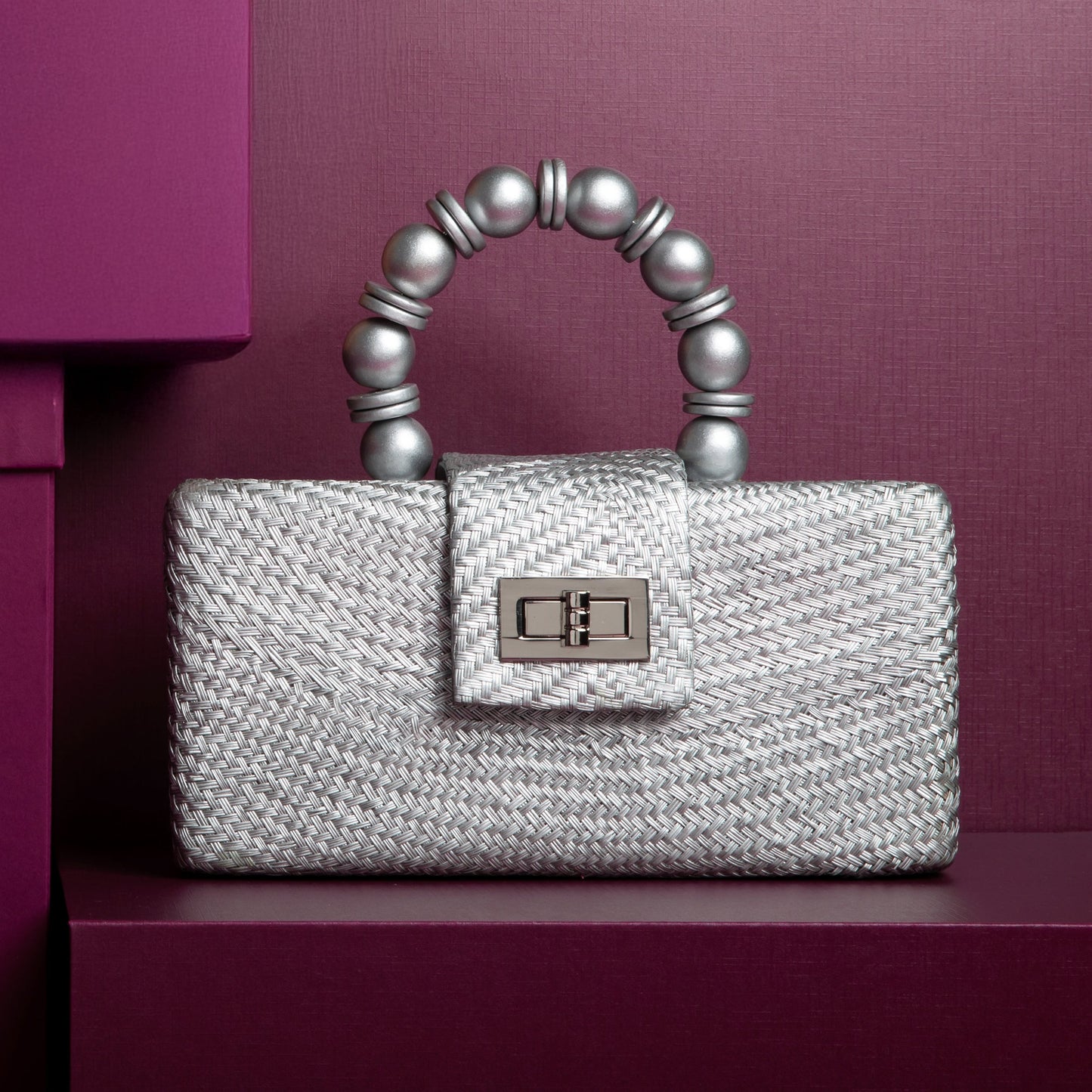 THE SERENA Silver Woven Straw Clutch Bag Powered by People
