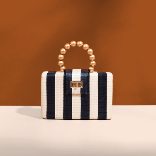 The Louisa Blue & Cream Stripe Woven Straw Clutch Bag - Fluent Trends