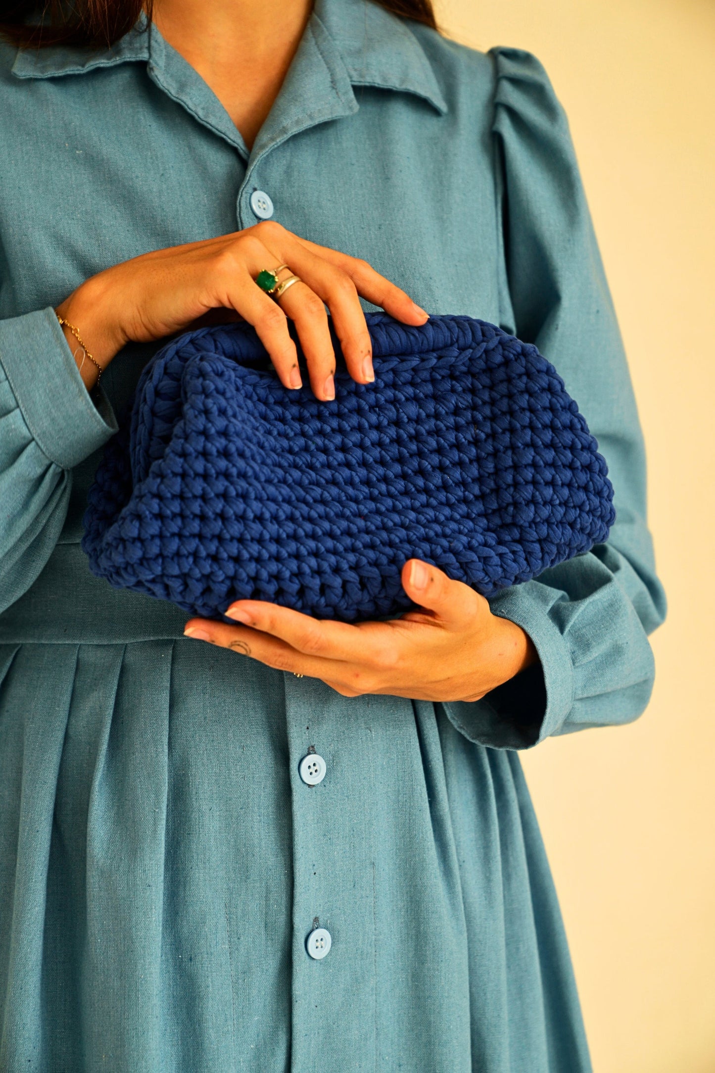 Cali Top Handle Knit Clutch in Indigo Powered by People