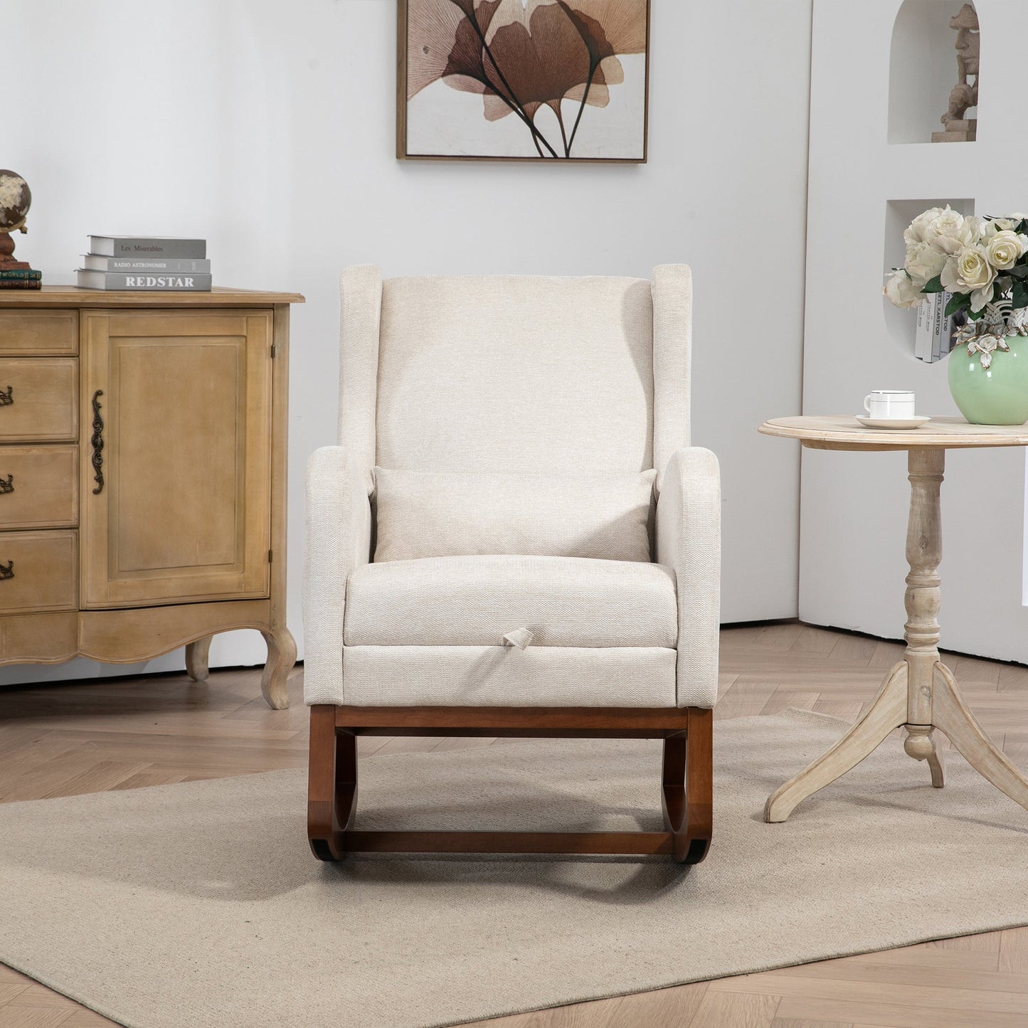 25.4'W Modern Rocking Chair for Nursery, Mid Century Accent Arm Rocker With Retractable Footrest, Side Pocket, Comfy Upholstered Wingback Wooden Glider Chair for Living Room Baby Kids Room. Beige Streamdale Furniture