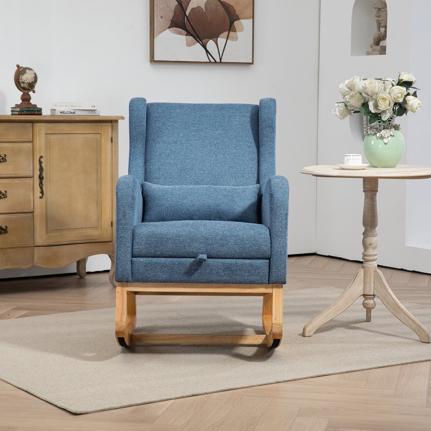 25.4'W Modern Rocking Chair for Nursery, Mid Century Accent Arm Rocker With Retractable Footrest, Side Pocket, Comfy Upholstered Wingback Wooden Glider Chair for Living Room Baby Kids Room. Blue