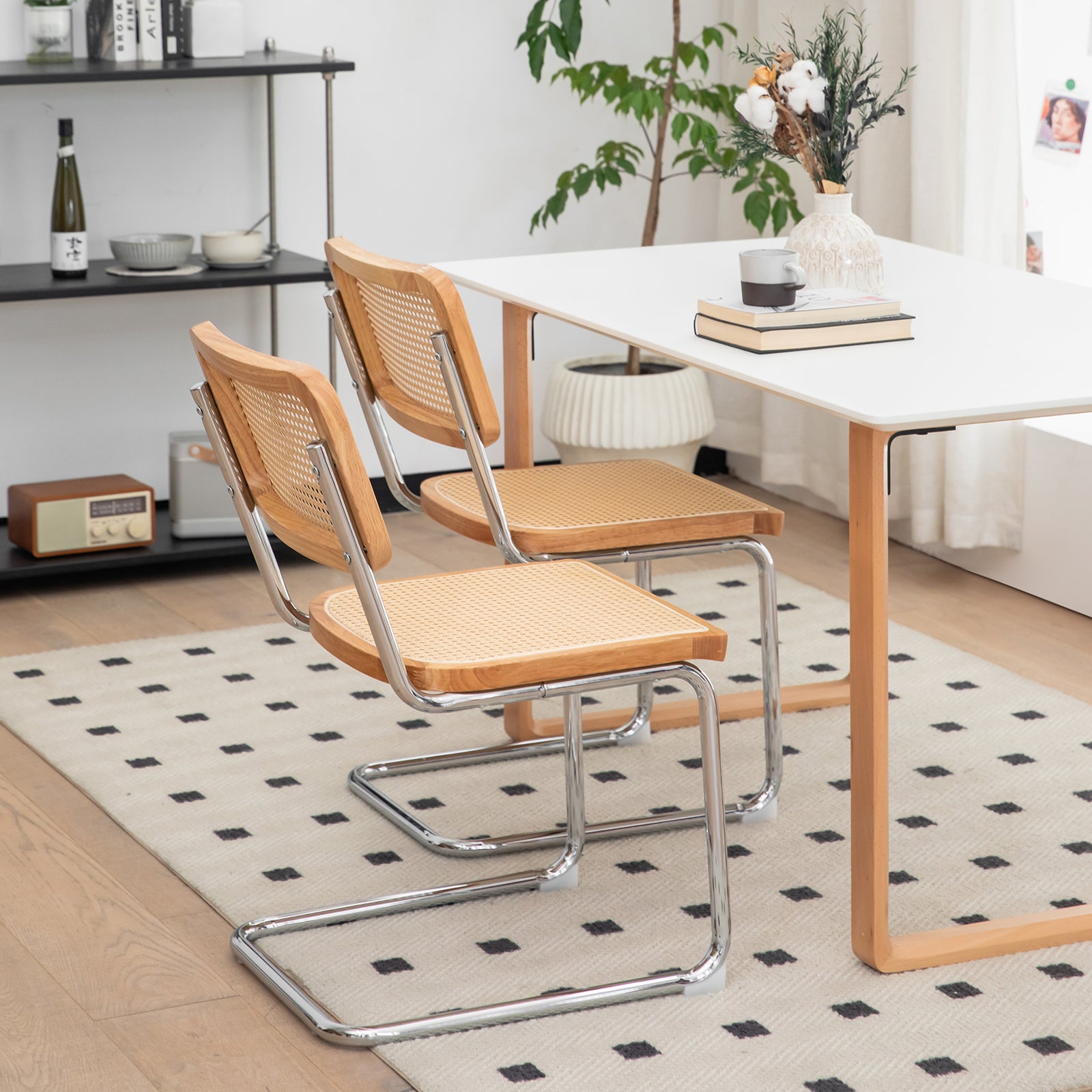 Modern-Mid Century Dining-Kitchen Chairs |Set of 2 | Velvet Rattan | Chrome Legs - Fluent Trends