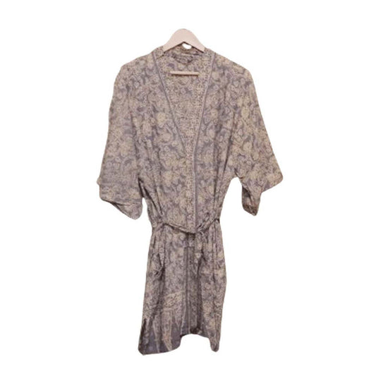 Hand Dyed Batik Robe Kimono, 100% Cotton, Gray, Silver Petals - Fluent Trends