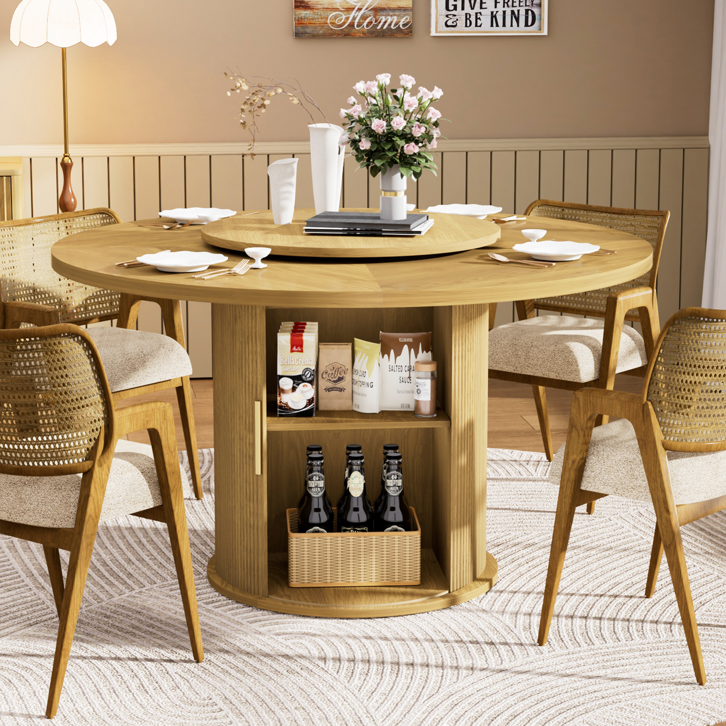Fluent Trends 55" round natural wood dining table with 6 rattan chairs, built-in shelves & rotating tray